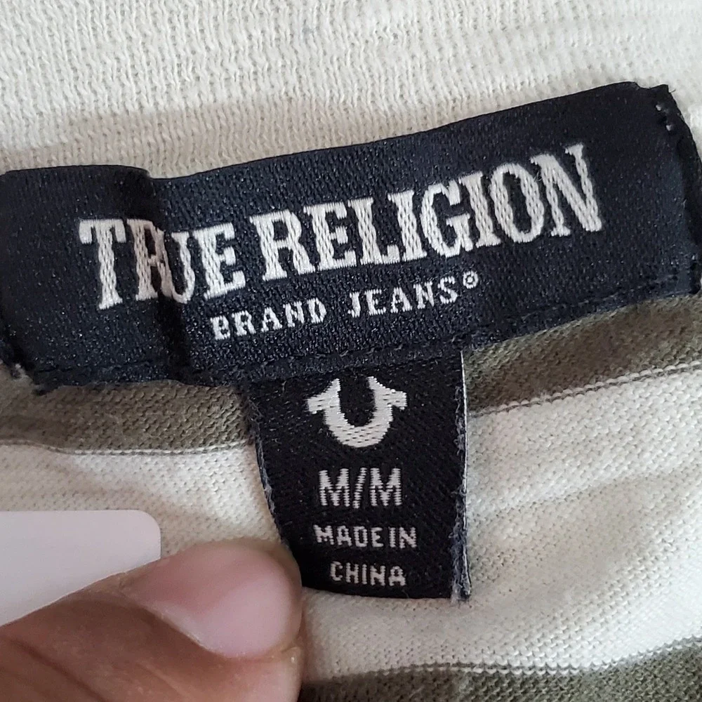 True Religion Men Shirt M White Striped Spellout Logo Short Sleeve